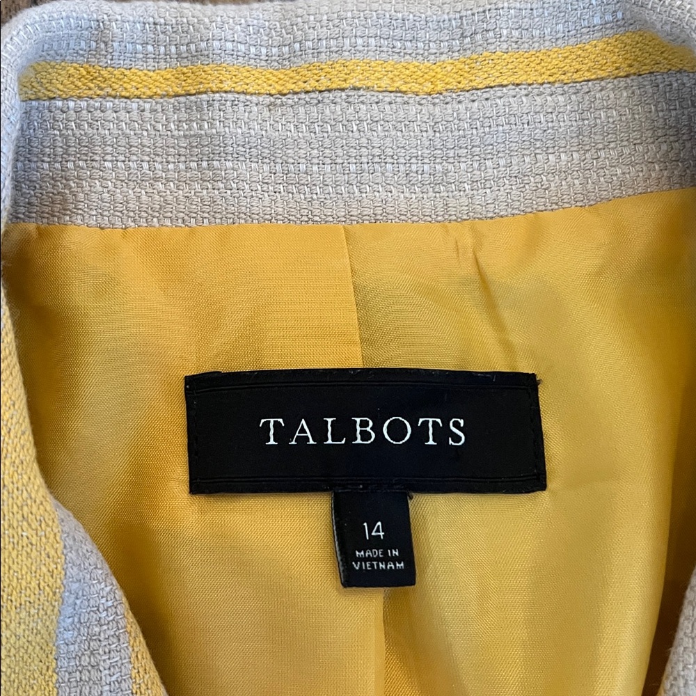 Talbots Double Breasted Lined Cropped Blazer, Yellow/Khaki Striped, Sz Womens 14 - Picture 2 of 9